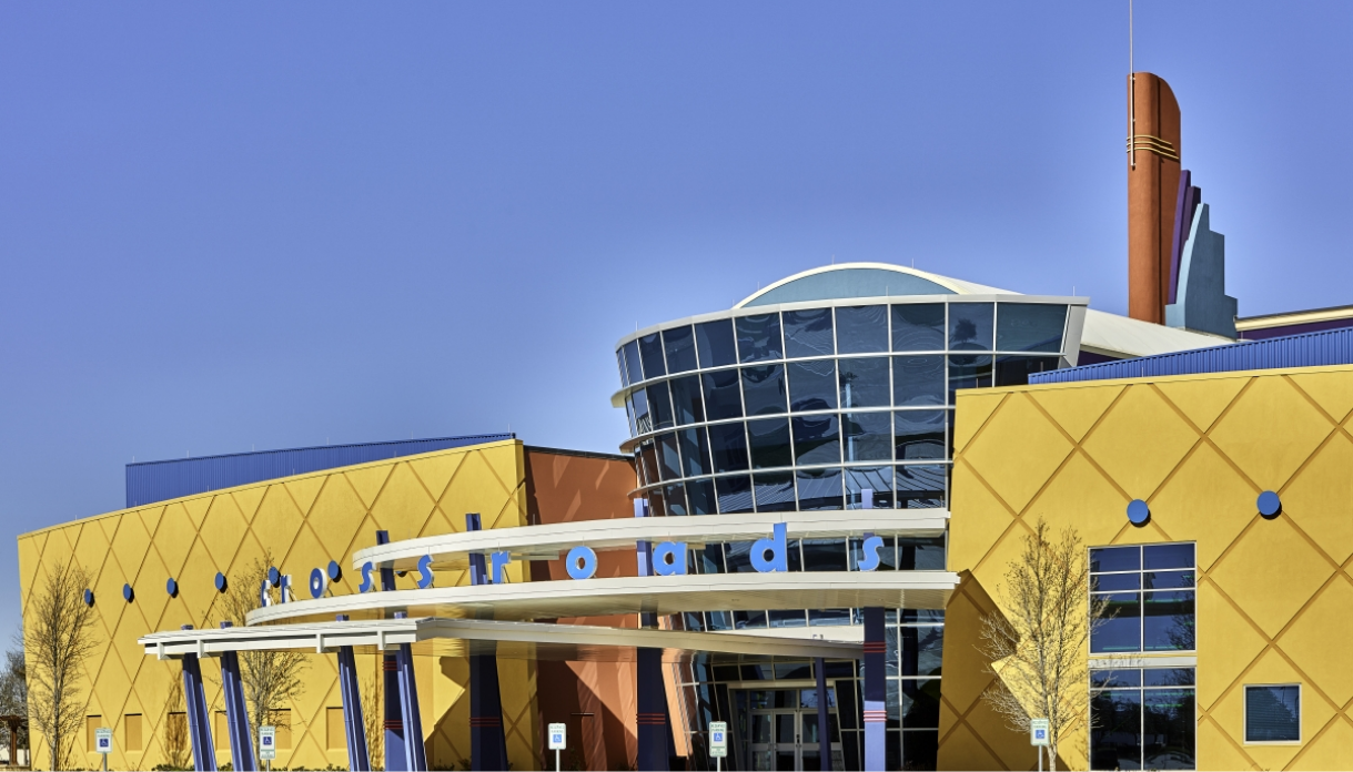 Exterior shot of Crossroads Church with bright colors