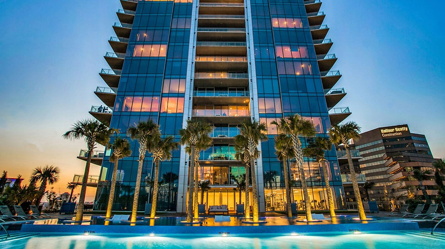 Pool-side view of Bleu Ciel building